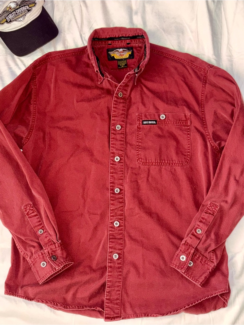 Vintage 2002 Harley Davidson Faded Red Embroidered Eagle Button Up Shirt M#Rare
